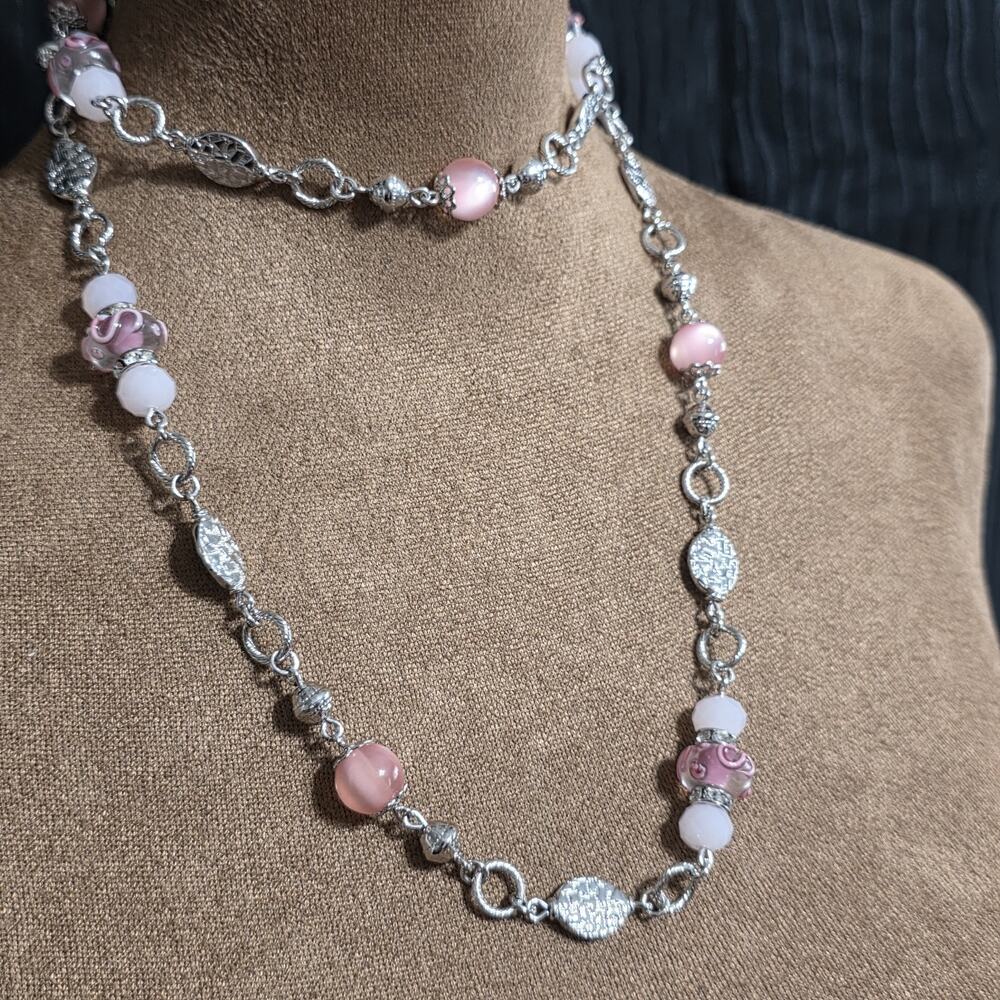 Pink Beaded Convertible Necklace Silver Tone Double Strand Layer Premier Design